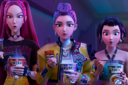 Mira, Rumi and Zoey eating noodles from KPop Demon Hunters. 